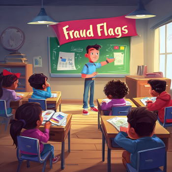 A trainer points at a chalkboard displaying "Fraud Flags" as he instructs a classroom of young, attentive students sitting at their desks.